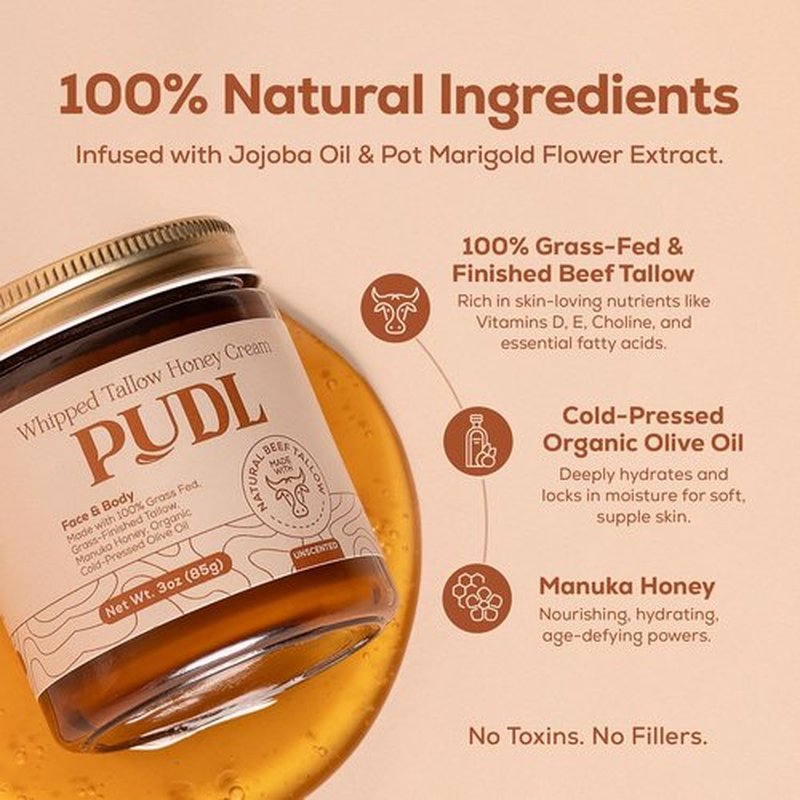 PUDL Grass Fed Beef Tallow Whipped Lotion Balm - Anti-Aging Moisturizer with Manuka Honey & Jojoba Oil for Sensitive Skin