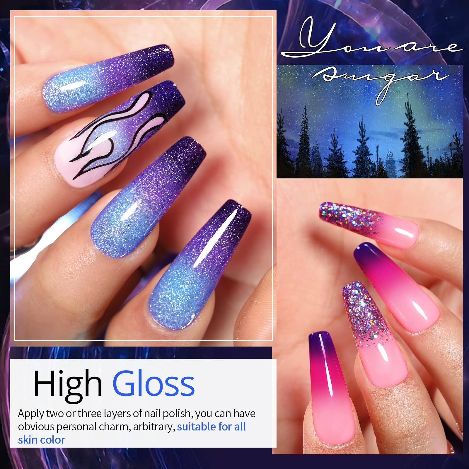 UR SUGAR Glitter Gel Nail Polish Set, 6 Colors Glitter 9D Cat Magnetic Eye Black Nail Polish Color Changing Gel Polish Kit Hot Pink Purple Gold Colors Soak Off Nails Kit Manicure Gift for Women