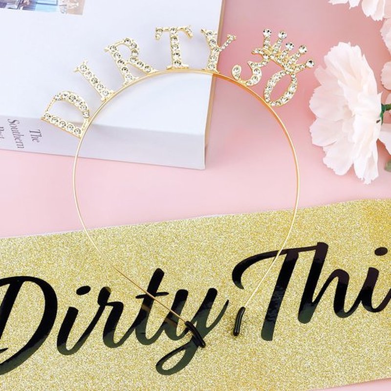 Atoden 30th Birthday Decorations for Her 30th Birthday Sash and Crown Dirty 30 Tiara Headband Dirty Thirty Queen Crown Gifts for 30 Year Old Women Gold