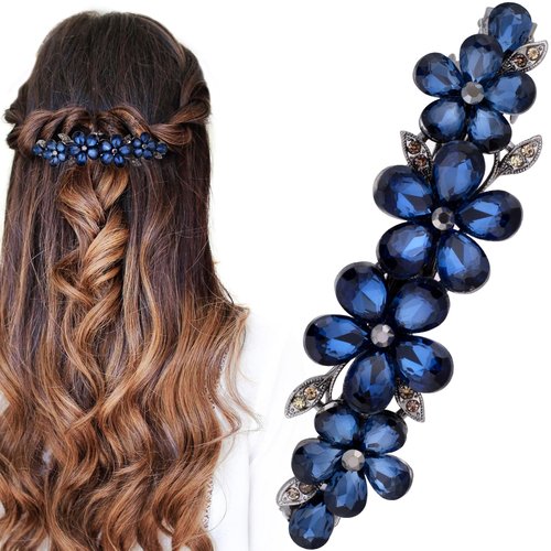 HINZIC Sparkly Rhinestone Hair Clip, Crystal Blue Flower Prom Barrettes Wedding Engagement Pageant Formal Dressy Decorative Accessories for Bride Women Thick Long Hair - 1PCS