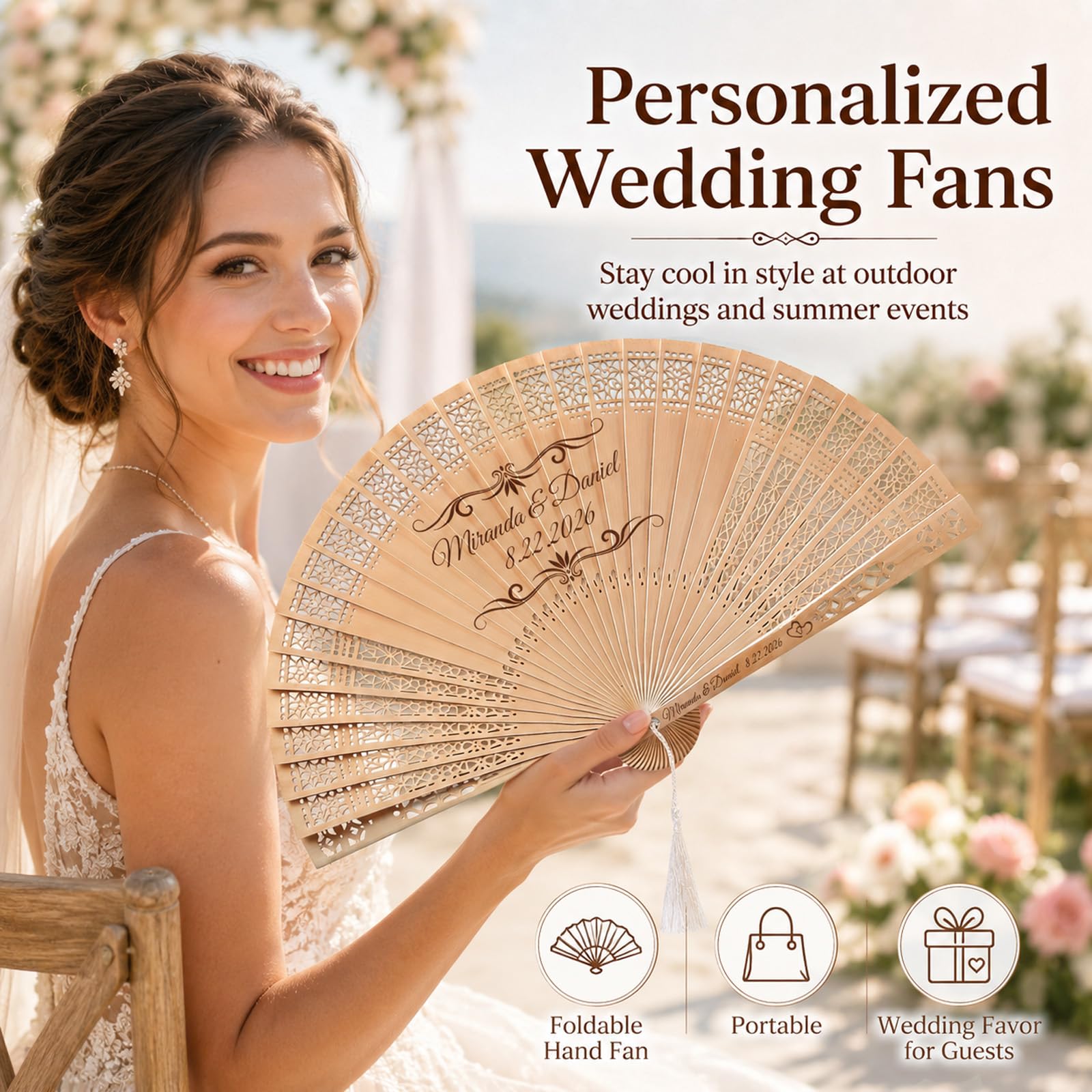 Personalized Wedding Fans for Guests, Custom Wooden Folding Hand Fans Bulk, Engraved Sandalwood Handheld Fans with Organza Bags & Tassels, Party, Bridal & Birthday Shower Favors (50PCS)