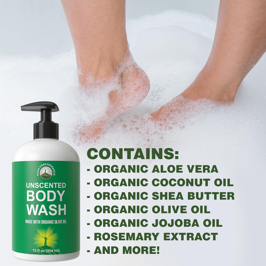 Peak Performance Pure Unscented Body Wash Made with Organic Ingredients Including Aloe Vera, Olive Oil, Jojoba, Coconut and Shea Butter - Great for Sensitive Skin - Natural Vegan No Toxins