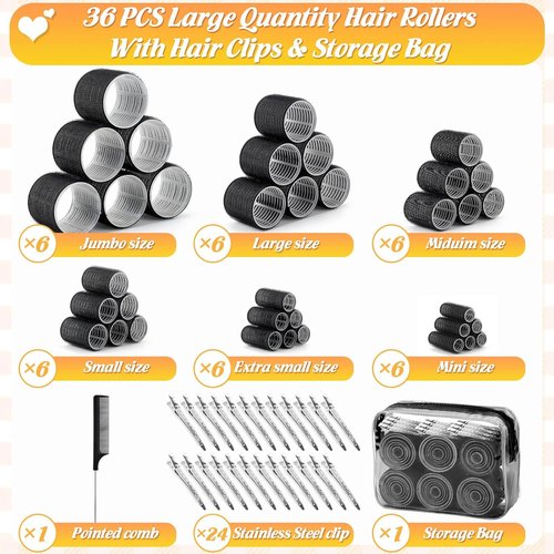 Skiennix Hair Rollers - 62 Pcs Self-Grip Curlers for Long, Medium & Short Hair | Includes Clips & Storage Bag