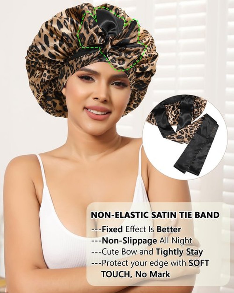 Satin Bonnet Silk Hair Wrap for Sleeping - Reversible Night Cap with Tie Band (Leopard + Black)