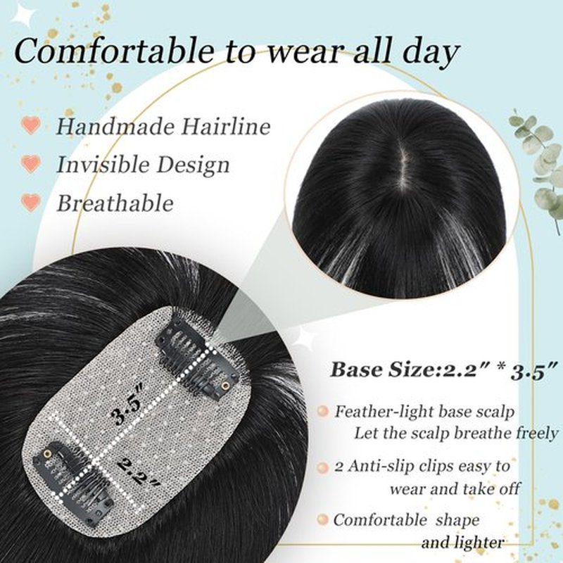 OOPPOO Hair Toppers for Women Real Human Hair, 360° 3D Cover Toppers Hairpieces for Women with Thinning Crown Wispy Clip in Bangs Realistic Scalp Hairline (Black, Wispy Bangs)