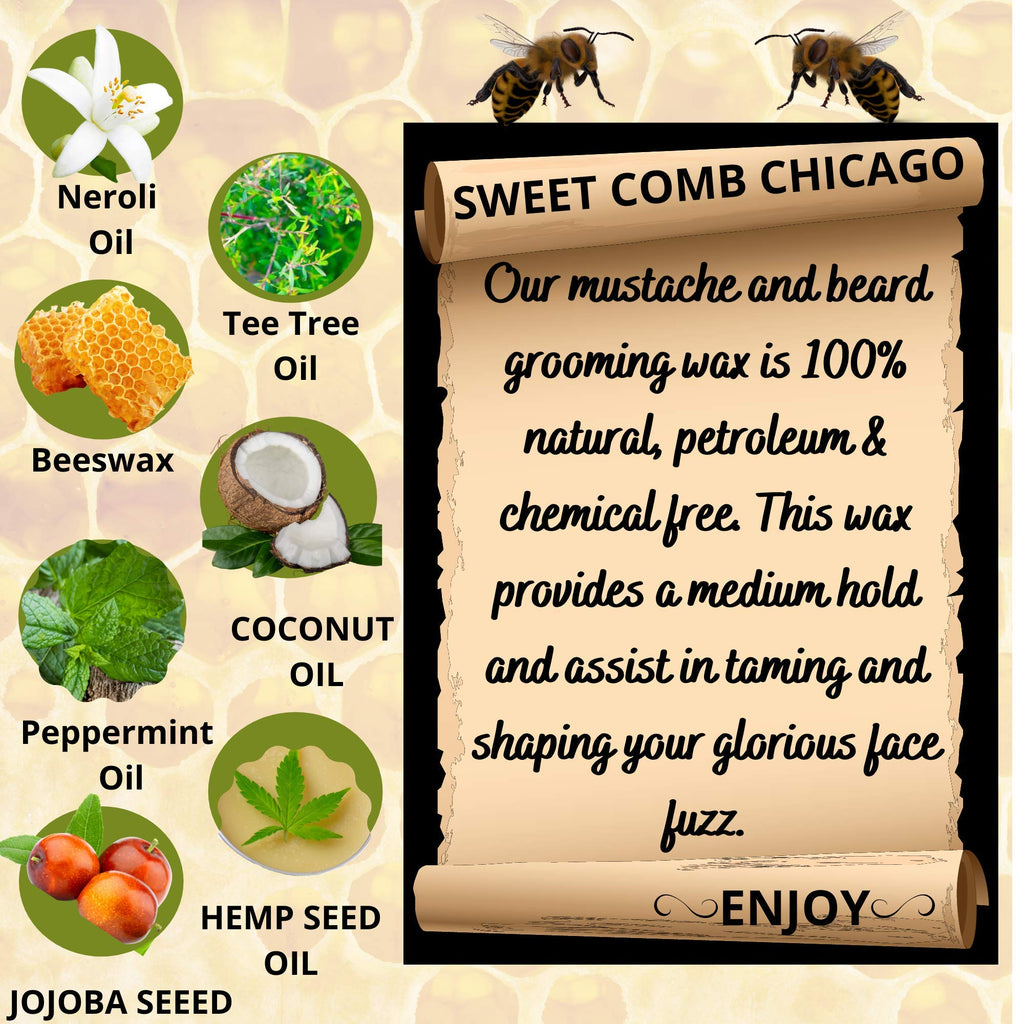 Sweet Comb Chicago Mustache & Beard Styling Wax, Medium Hold for Styling Men's Facial Hair, Great for Handlebar, Zappa, Beards to a Full, Square or Even Short Box Style Now with Tea Tree Oil