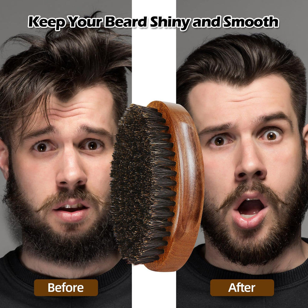 Sosoon Boar Bristle Beard Grooming Set for Men - Rectangular Brush, Comb, 2 Mustache Scissors, Travel Bag