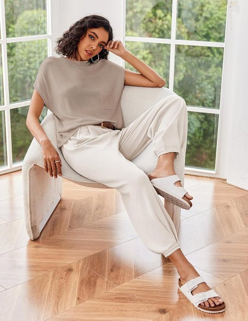 Ekouaer Two-Piece Lounge Set - Knit Sweater Top & Jogger Pants Matching Tracksuit for Women
