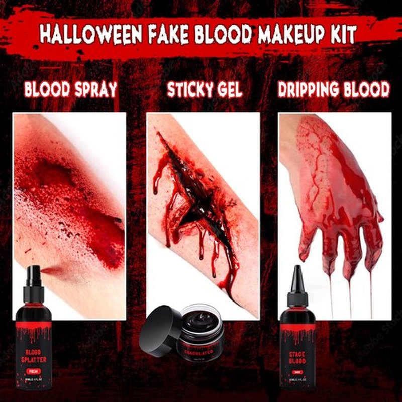 Halloween Fake Blood Makeup Kit, Blood Spray 2.1oz + Dripping 2.1oz + Coagulated 1.41oz(3PCS), Washable Realistic SFX Makeup for Cosplay, Clothes, Vampire, Zombie, Scary Clown