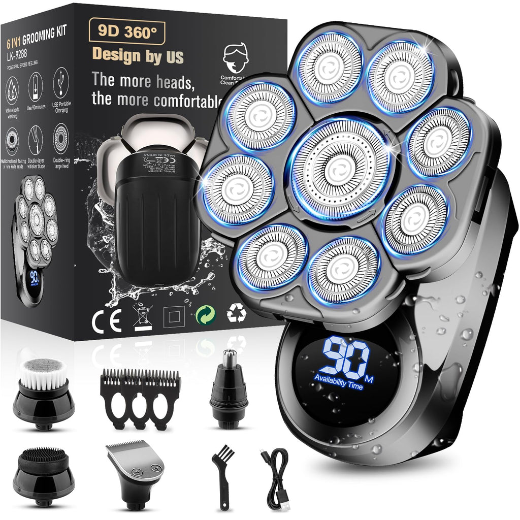 9D Electric Head Shavers for Bald Men, Upgraded 5-in-1 Waterproof Wet/Dry Grooming Kit Electric Shaver for Men, Cordless Rechargeable Bald Head Razor for Home&Travel