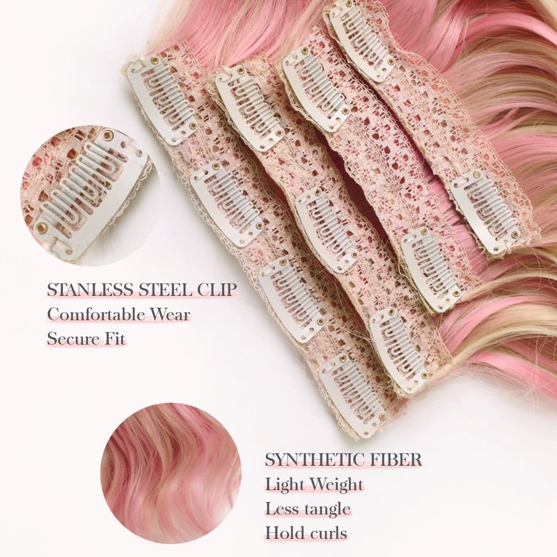 XIXISNOW Clip in Hair Extensions 25 Inch 4PCS Long Wavy Synthetic Hair Pieces for Women - Heat Safe Thick Natural Fake Hairs Extensions Double Weft Clip Ins Party Daily Use Blonde Mix Pink