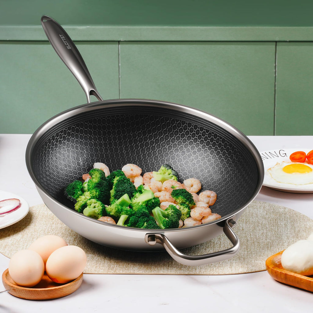 SLOTTET Hybrid 12-Inch Wok with Lid,Nonstick Stainless Steel Woks & Stir-fry pans,Stay-Cool Handle,PFOA Free Cookware,Dishwasher and Oven Safe,Compatible with All Cooktops