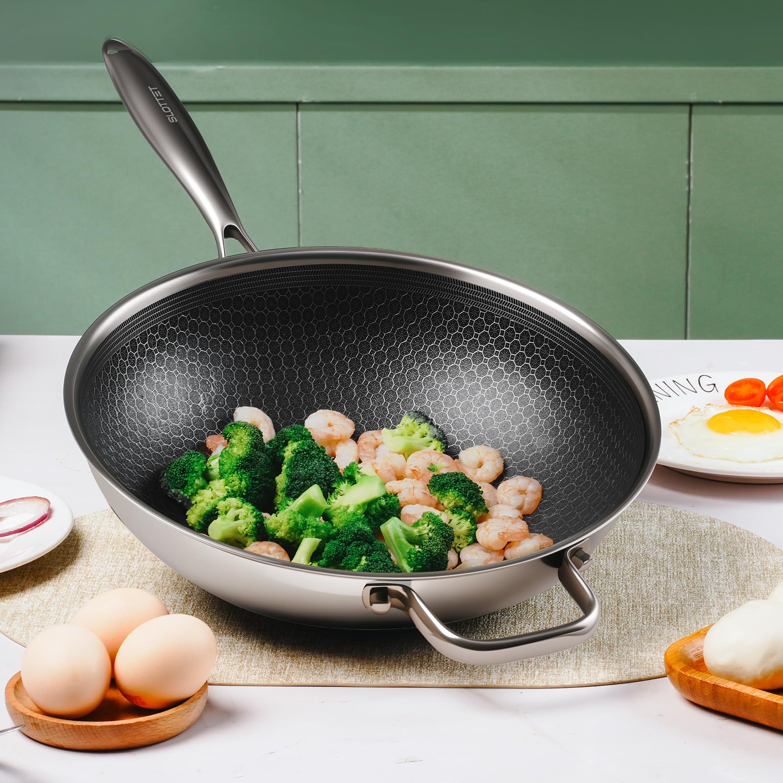 SLOTTET Hybrid 12-Inch Wok with Lid,Nonstick Stainless Steel Woks & Stir-fry pans,Stay-Cool Handle,PFOA Free Cookware,Dishwasher and Oven Safe,Compatible with All Cooktops