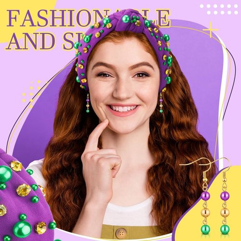Hoolerry 2 Pieces Mardi Gras Hairband for Women with Earrings Green Yellow Rhinestone Pearl Purple Knotted Headband Woman Head Accessories for Carnival Holiday Decor Woman Gift