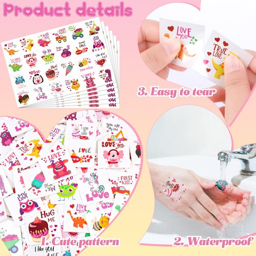 Fovths 144 Pieces Valentine’s Day Temporary Tattoos Stickers 6 Sheets Heart Tattoo Stickers Waterproof Tattoos Valentine’s Day Accessories Decorations Party Favors, 24 Styles