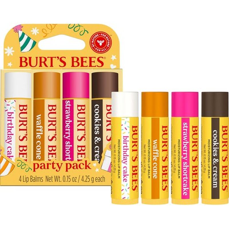Burt's Bees Lip Balm Party Pack - All-Day Moisturizing, Tint-Free Natural Treatment | 4 Flavors, 4 Tubes, 0.15 oz Each