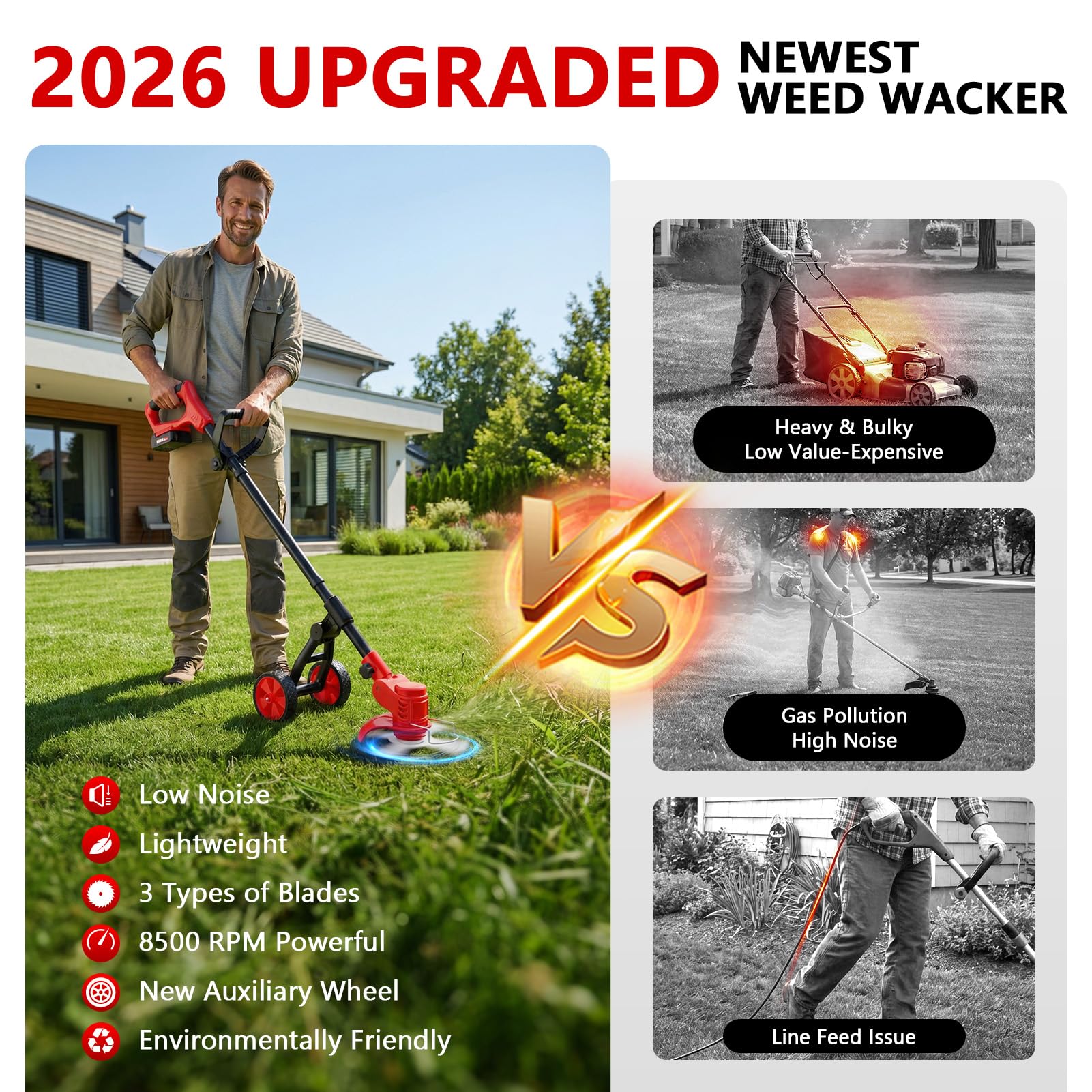 Electric Weed Wacker Cordless with Wheels, 4-in-1 Weed Eater Battery Powered 4000mAh 21V, Brush Cutter/String Trimmer/Grass Trimmer/Lawn Mower with 3 Types Blades, Lightweight Garden Tool, 2 Battery