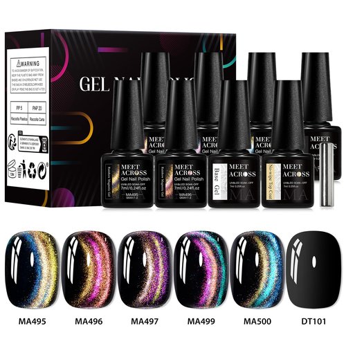 MEET ACROSS 9D Cat Eye Gel Nail Polish Set 9Pcs Cateye Magnetic Nail Polish Gel with Base Top Coat and Magnet Stick, Cat Eye Gel Polish Galaxy Rainbow Effect Manicure DIY Nail Art