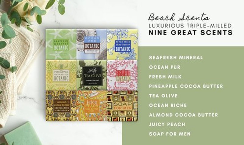 Jolitee French Milled Botanical Soap Sampler Set of 9 - Individually Wrapped Vegetable-Based Mini Soaps with Essential Oils, Shea Butter, and Natural Extracts (Beach Scents)