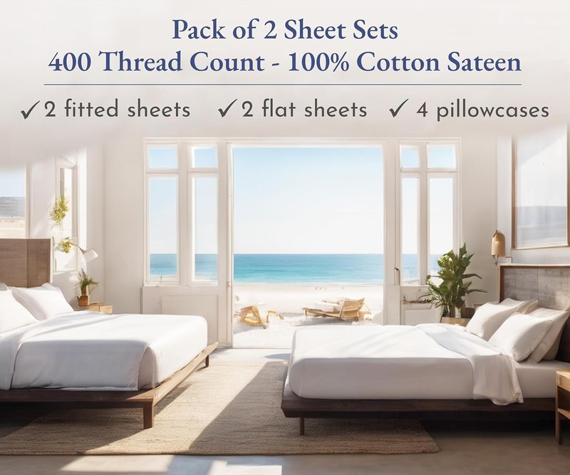 California Design Den Bed Sheets - 400 Thread Count 100% Cotton Sateen | Soft & Breathable, Full Size, Antique White - 2-Pack