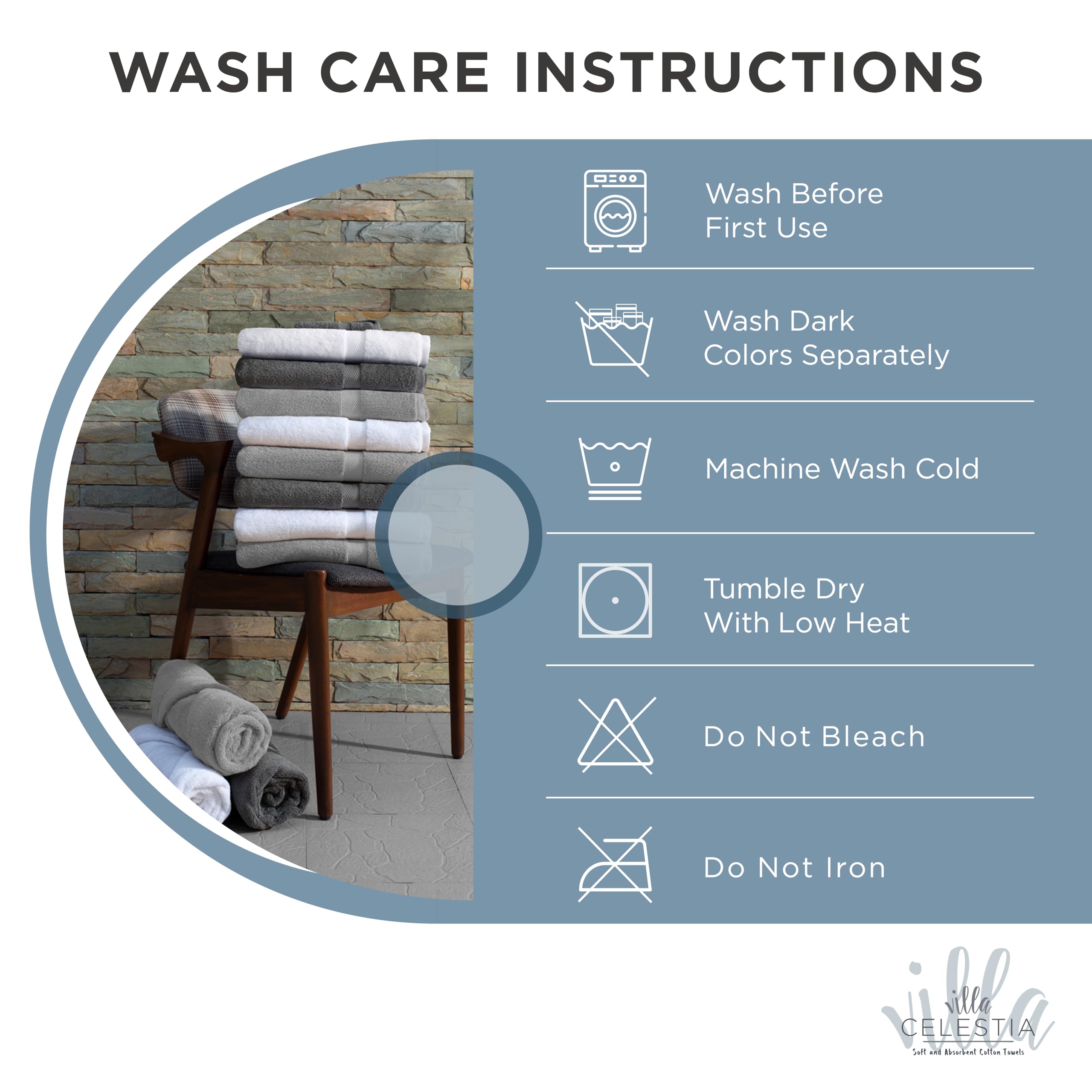 Villa Celestia Cotton Washcloths Set of 6, 12x12 Inch, 100% Ring-Spun Combed Cotton, Soft Absorbent Quick-Dry Wash Cloths for Face and Body, Oeko-TEX Certified, Hotel & Spa Quality, Blue