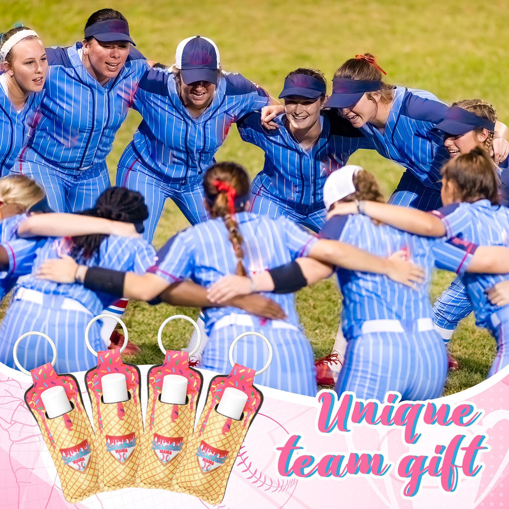 Loopeer 24 Pcs Baseball Party Favors Include Lip Balm and Lipstick Holder Keychain Bulk Moisturizing Pink Ice Cream Baseball Lip Balm Keychains Pouch for Team Gifts Sports Party Supplies