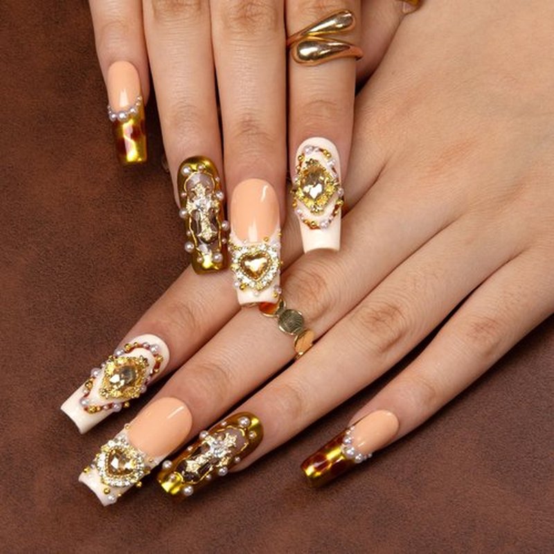 LOVFUL Press on Nails Regal Romance | Handmade with Full Covered Crystals | Reusable Full Cover Nails | Square Classic Regular 1.3 in | H366-S