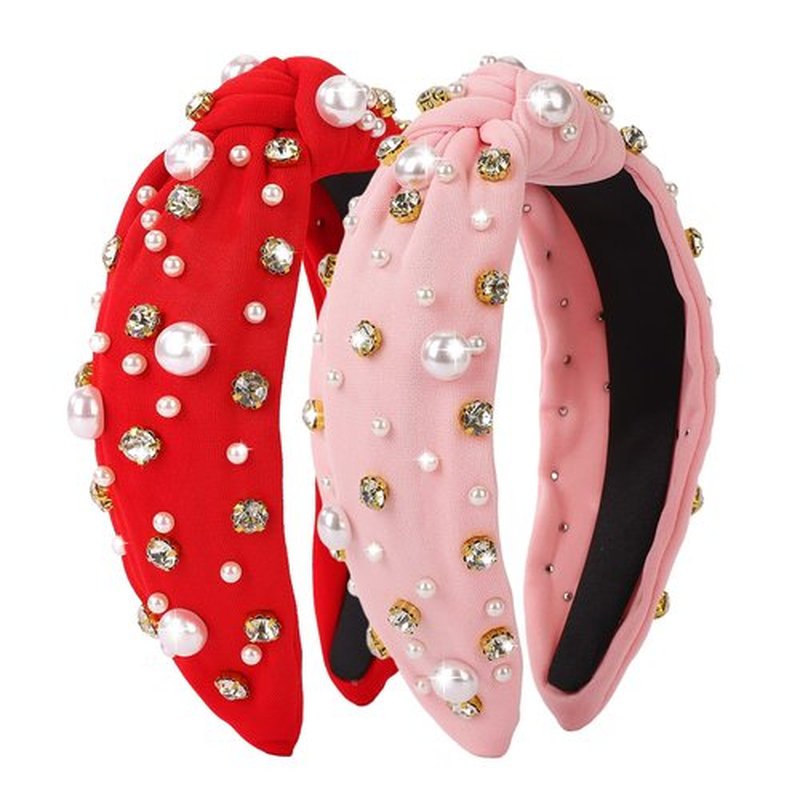 IDDFEVE 2Pcs Valentine's Day Headbands for Women, Heart Love Knotted Hair Hoops, Festive Pearl Hair Accessory Gift (Red&Pink)
