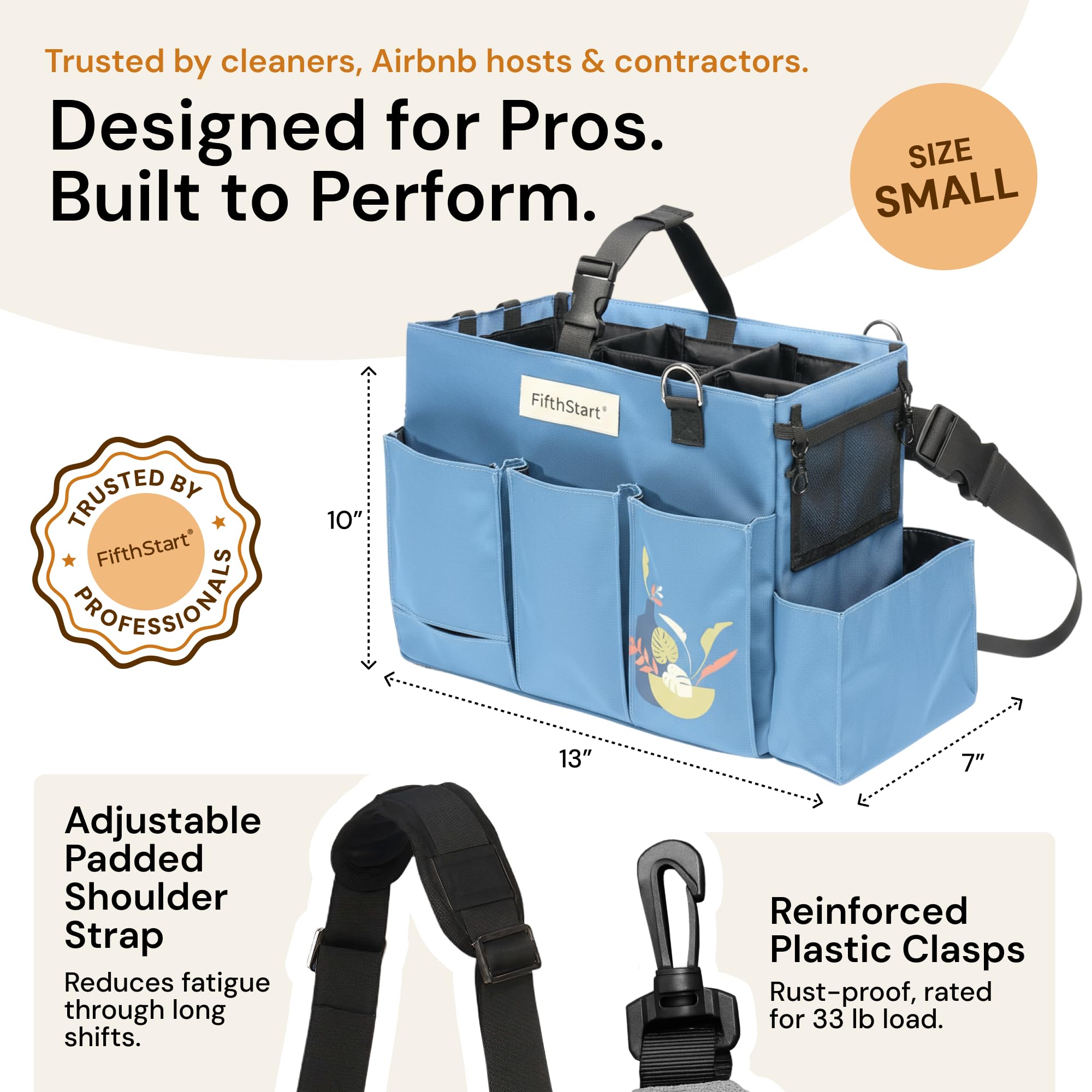 FifthStar Cleaning Caddy Bag for Professionals - Heavy-Duty Organizer with Shoulder Strap, 9 Pockets, Mesh Base & Adjustable Compartments - Cleaning Supplies Organizer for Crews (Blue, Large)