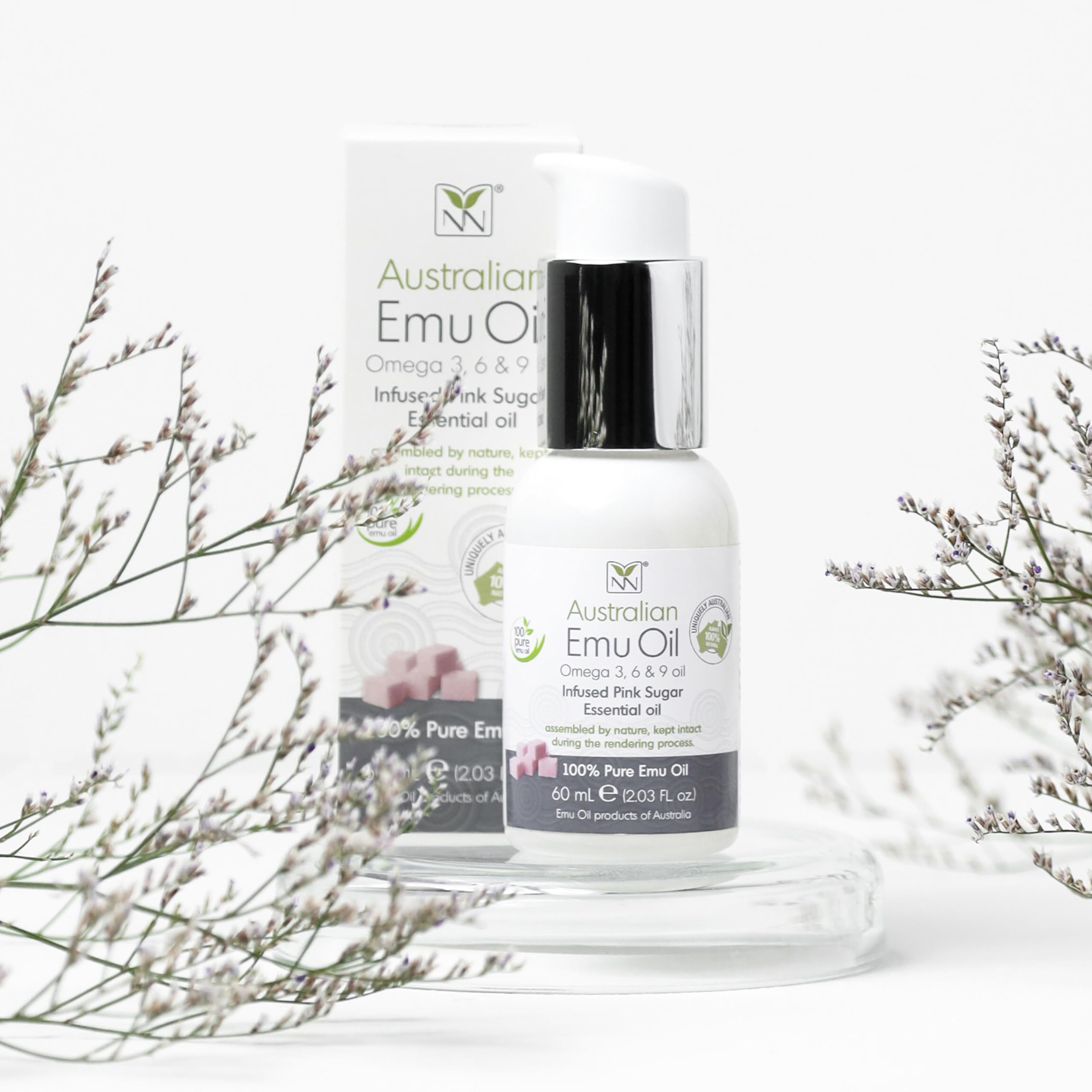 Y Not Natural Pure Emu Oil - Organic Moisture for Face, Body, Hair, Scalp & Nails - Rich in Omega 3-6-9, Vitamins & Essential Minerals - Australian Emu Oil (60ml) 2.03 fl oz - Pink Sugar