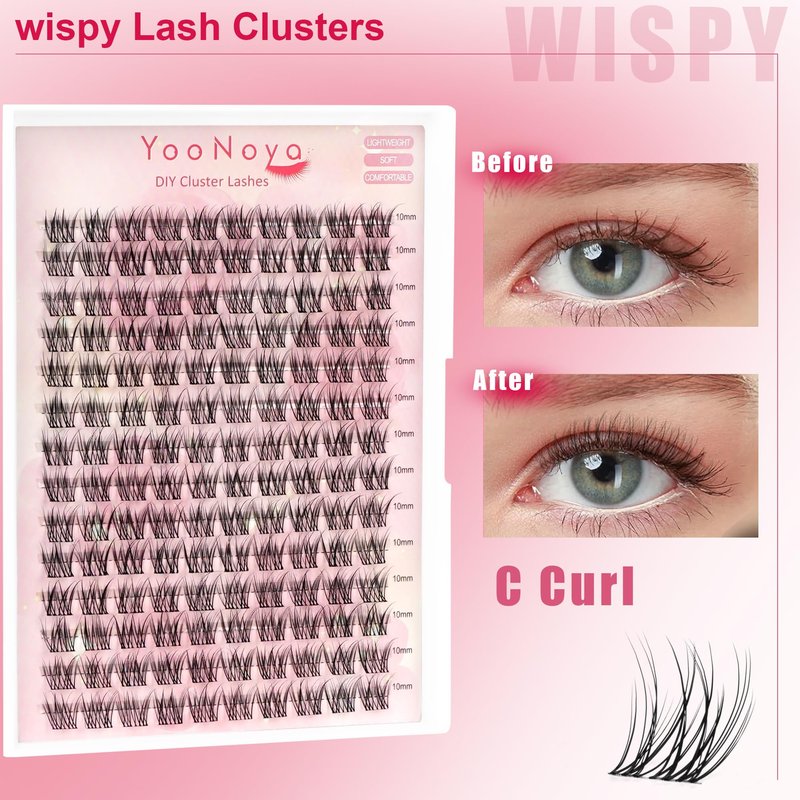 YOONOYA Wispy Lash Clusters 140 Pcs 10mm Short Eyelash Clusters C Curl Cluster Eyelash Extensions Natural Wispy Cluster Lashes Reusable Individual Invisible Band Lash clusters (QX-10mm)