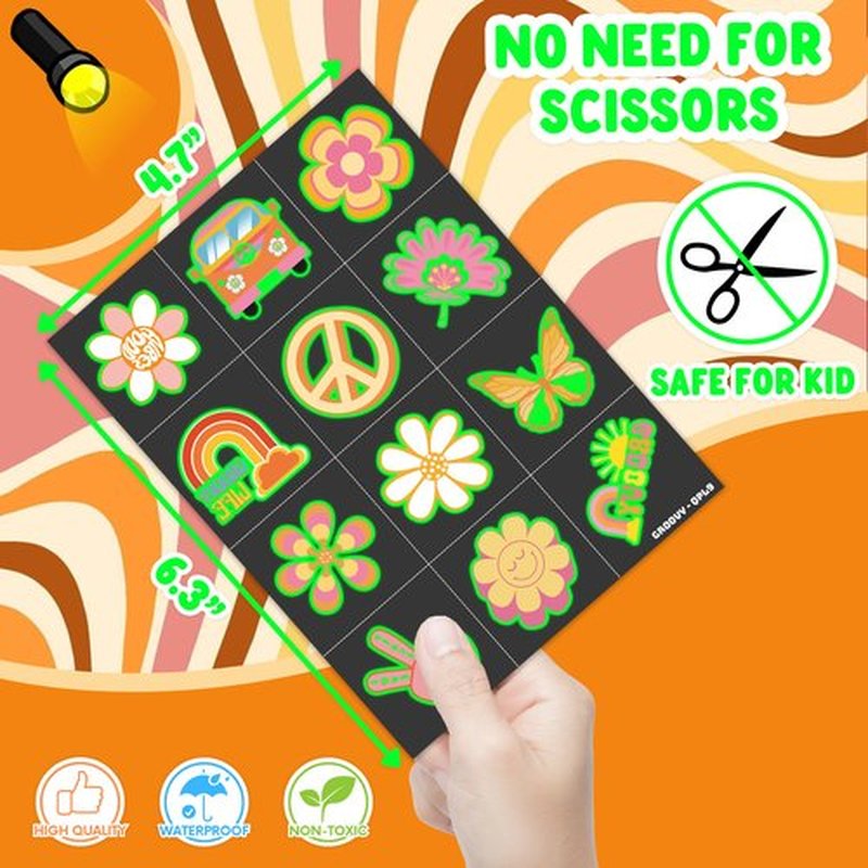 96 PCS Two Groovy Retro 60s 70s Pre-Cut Luminous Glow in the dark Temporary Tattoos for Kids | Super Cute Themed Birthday Party Favors, Supplies, Decorations, Fake Tattoo Stickers Gifts for Boys Girls