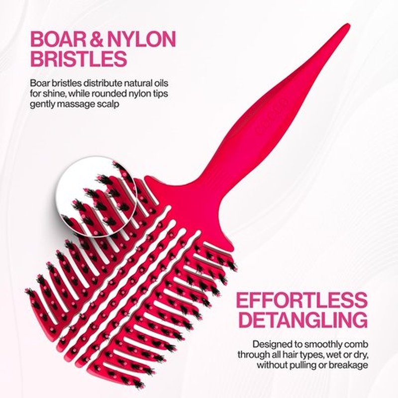 COCCO Aura Vent Boar Brush | Vented Dual-Curved Design for Faster Drying, Effortless Detangling & Shine, Boar + Nylon Bristles, Ergonomic Comfort Handle for Wet & Dry Hair Styling - Pink