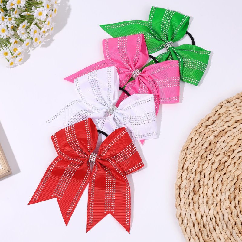 VOBOBE 12PCS Large Cheer Hair Bows for Cheerleader, Pink 8" Glitter Rhinestones Grosgrain Ribbon Elastic Band Ponytail Holder Hair Tie for Cheerleading Soccer Basketball Sport Competitions (Pink)