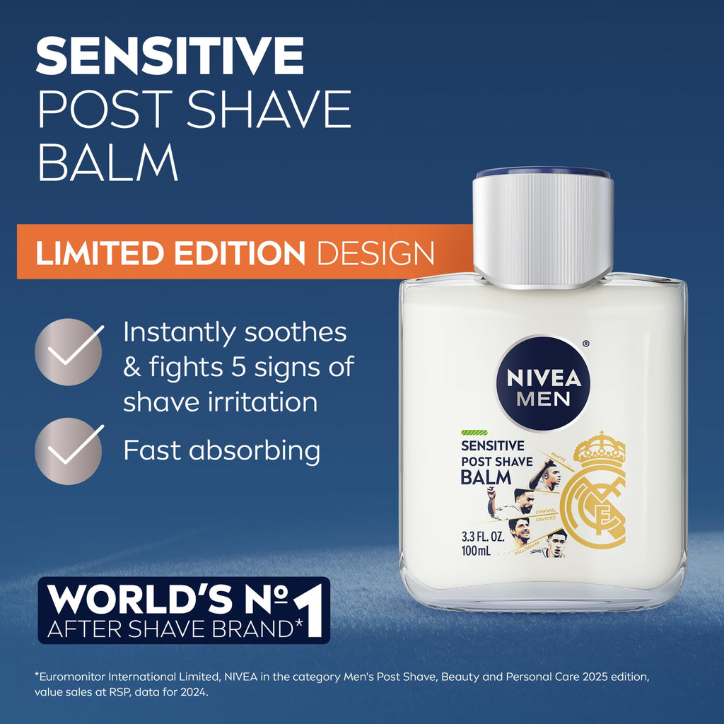 NIVEA MEN Real Madrid Limited Edition Design Sensitive Post Shave Balm, with VitaminPro Complex, Alcohol Free After Shave Balm for Men, 3.3 Fl Oz Bottle, Pack of 12