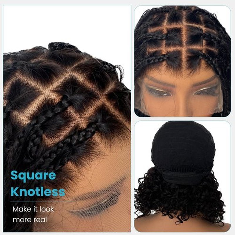 Bohemian Box Braided Bob Wigs Human Hair 5x5 HD Transparent Lace Closure 10 Inch 200% Density for Women Boho Knotless Box Braided Wigs with Baby Hair Lace Front Curly Bohemian Braids Bob Wig