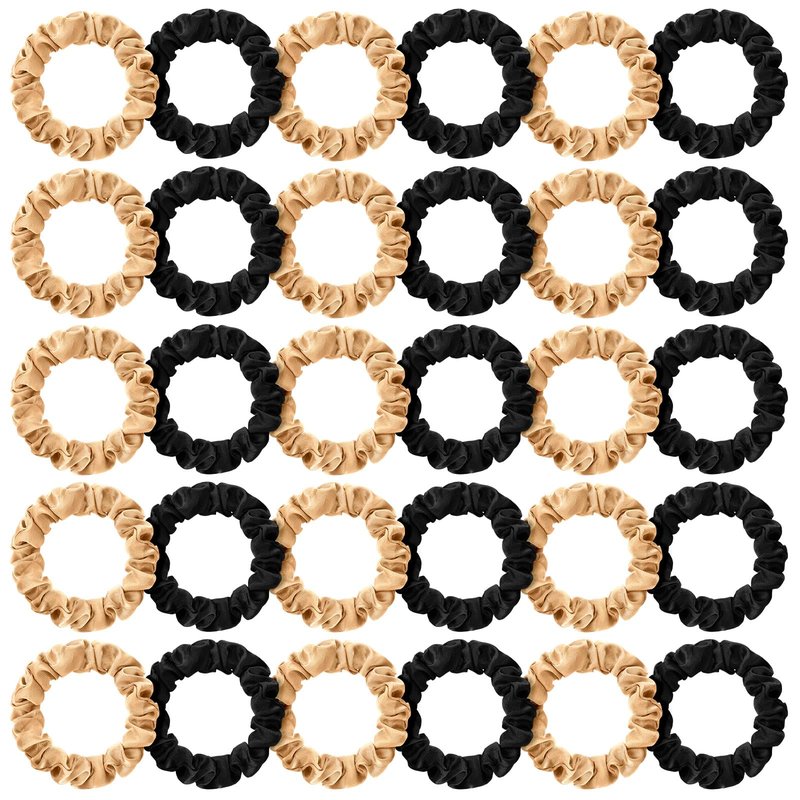 WILLBOND 30 Pcs Small Satin Silk Scrunchies Bulk for Women, Thin Hair Ties Mini Scrunchy Bands Skinny Ponytail Holders for Thick Curly Hair Pony Tails Wrist Decor(Black, Gold)