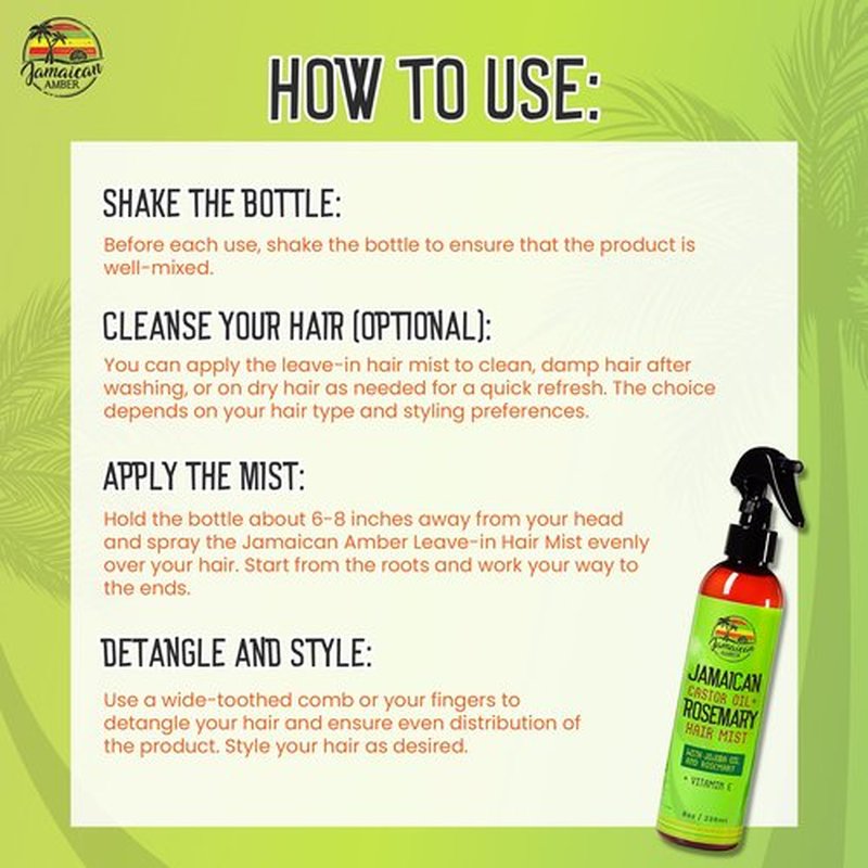 JAMAICAN Ambre Leave in Hair Mist - 8 fl oz / 236 ml - Strengthening Hair Spray, Detangles Knots, Refreshes Scalp, Instant Hydration, Hair Strength - Nourished Hair Scalp with Rosemary & Castor Oil