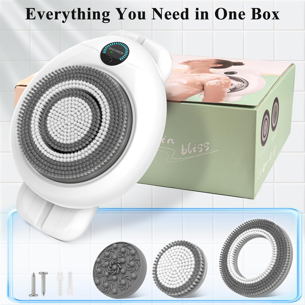 Electric Back Scrubber for Shower - Wall Mounted Exfoliating Brush, Hands-Free Automatic Body Scrubber, IPX7 Waterproof, 3-Speed Adjustment, 3 Replaceable Heads with 50pcs Disposable Shower Caps