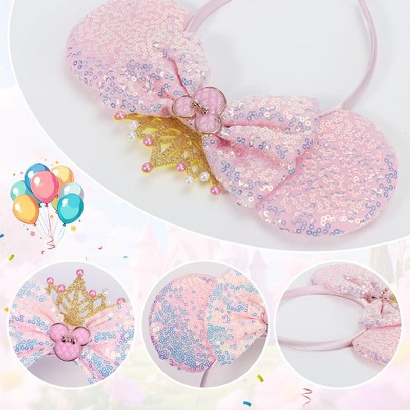 CANMIL Mouse Ears Headband, Sparkle Princess Bow Hairband for Women Girls, Cute Sequin Hair Beauty Accessories (Pink Crown)