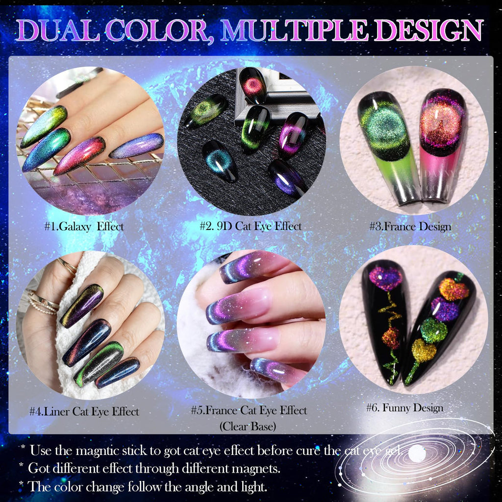 YEPYEPGO 9D Cat Eye Gel Nail Polish Set 8 Colors, Cat Eye Gel Polish with Magnet, Magnetic Cateye Chameleon Galaxy Effects Professional Use for Salon