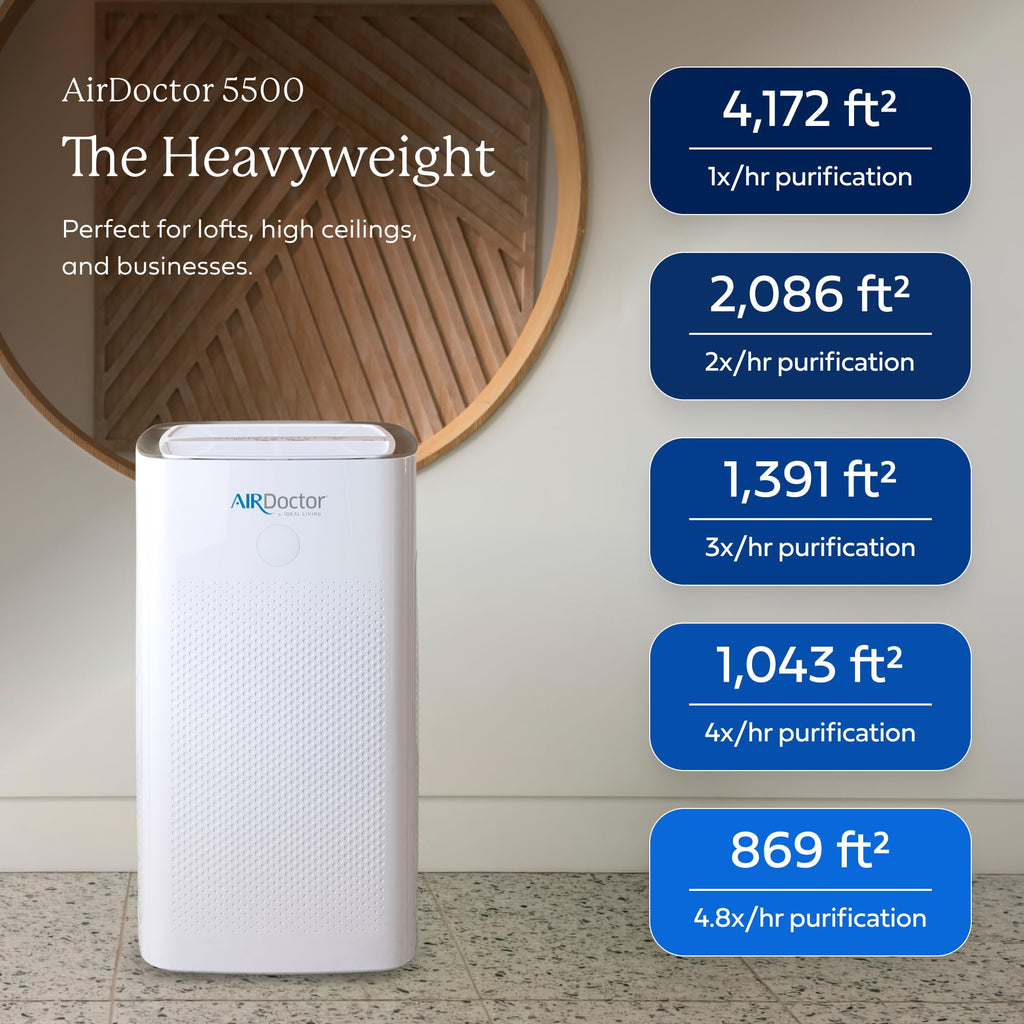 AIRDOCTOR AD5500 Smart App Air Purifier. Cleans Whole Home, XL Rooms Up to 4172 ft2. Removes Smoke, Dust, Pet Hair, Odors, Pollen. Hospital-Grade UltraHEPA, Premium Carbon Filtration