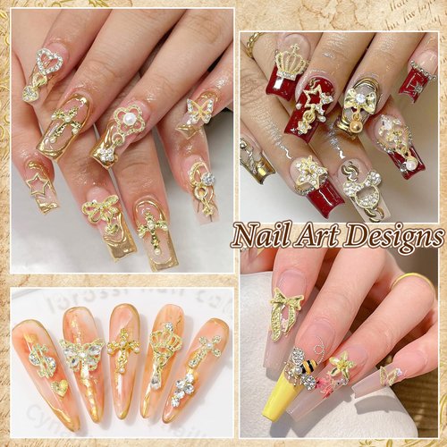 50 Pcs Gold Nail Charms, Gold Dangle Star Heart Bows Nail Charms and Gems Metal Bees Butterfly Crown Planet Cross Dollar Sign Golden Nails Art Supplies for Women DIY Accessories