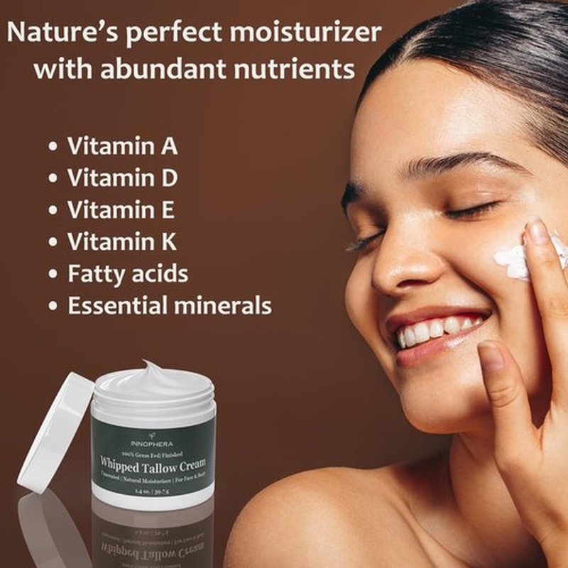 Innophera Whipped Beef Tallow Cream for Skin Care ‒ Grass Fed & Grass Finished ‒ 100% Natural Moisturizer for Sensitive Skin ‒ Handmade Face & Body Lotion ‒ Unscented & Odorless ‒ 1.4 oz.