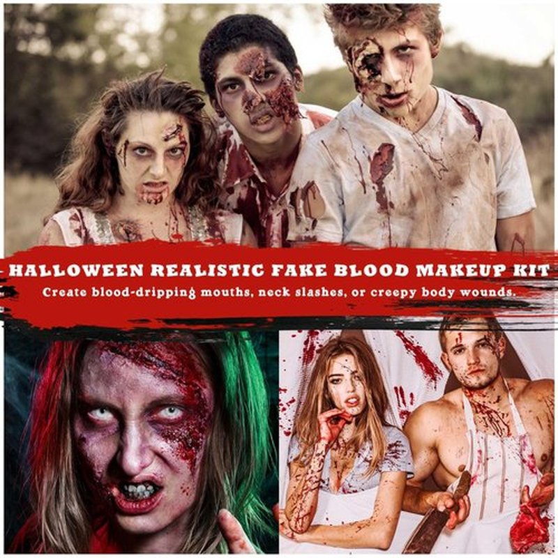 BOBISUKA 5PCS Halloween Fake Blood Kit – Dripping Fresh Blood, Dark Spray Blood, Coagulated Gel, Cleansing Soap, Stipple Sponge – Realistic Washable SFX Makeup for Zombie, Vampire Monster & Cosplay