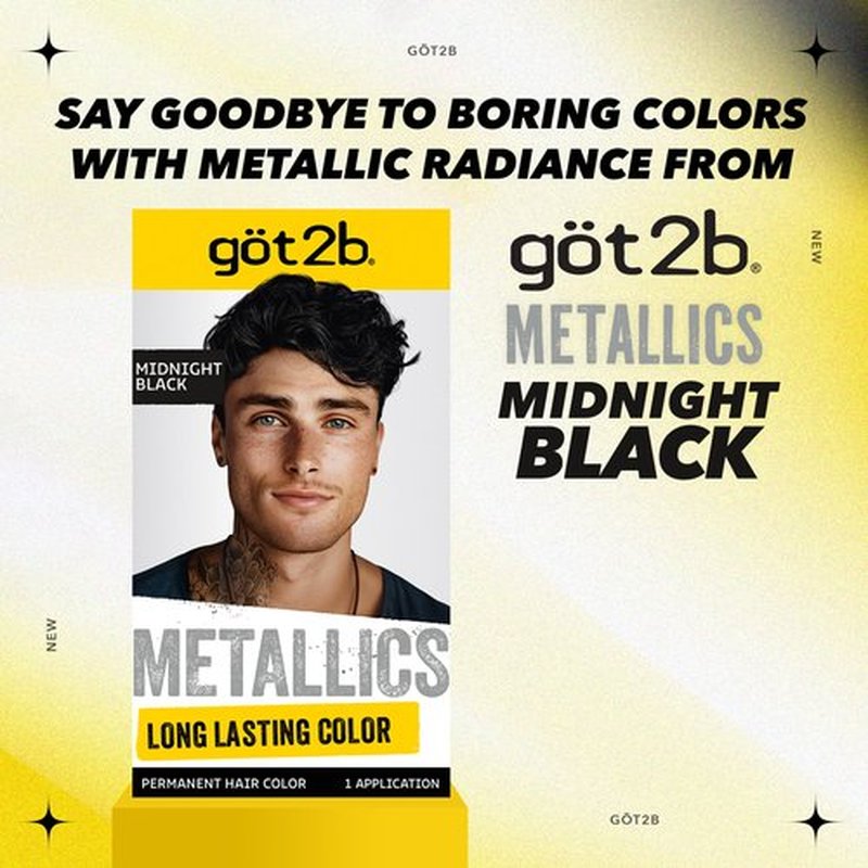 got2b Metallics Permanent Hair Dye, Midnight Black, Hair Color for Women & Men, Formulated with Metallic-Shine Booster for Cool, Shimmering Tones, Lasts Up to 30 Washes, 1 Kit