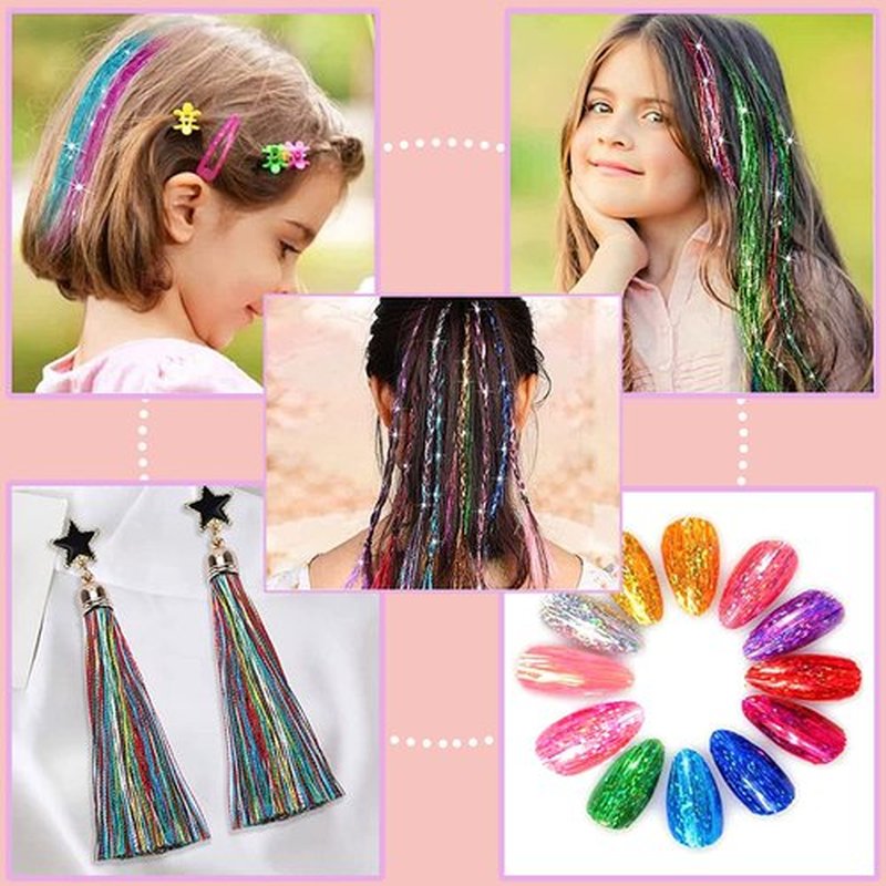 Hair Tinsel Kit (48 Inch, 18 Colors, 7200 Strands), Glitter Tinsel Hair Extensions with Tools - Fairy Hair Tinsel Heat Resistant Accessories for Women Girls Kids