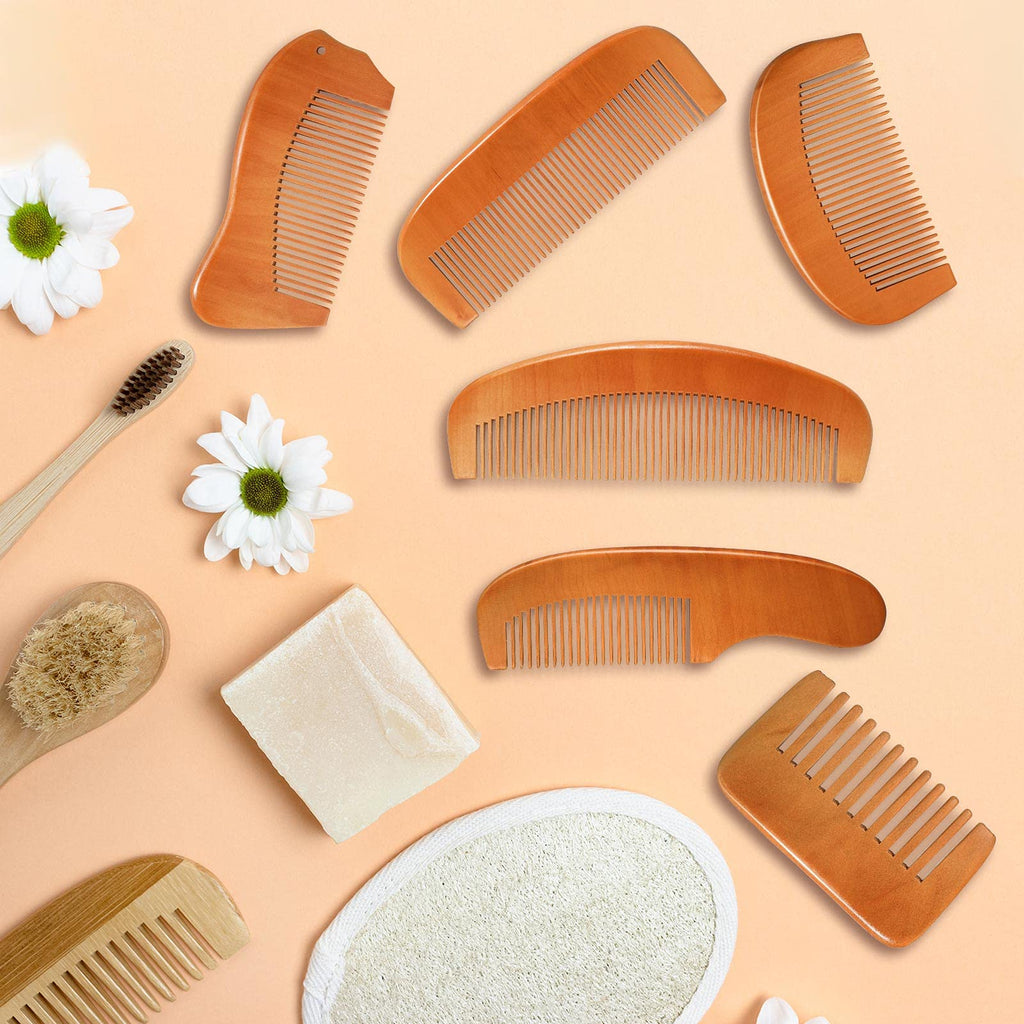 Patelai 6 Pcs Wooden Combs for Women Men, Natural Sandalwood Comb Set, Wide and Fine Teeth for Anti Static Hair Beard(Cute Style)