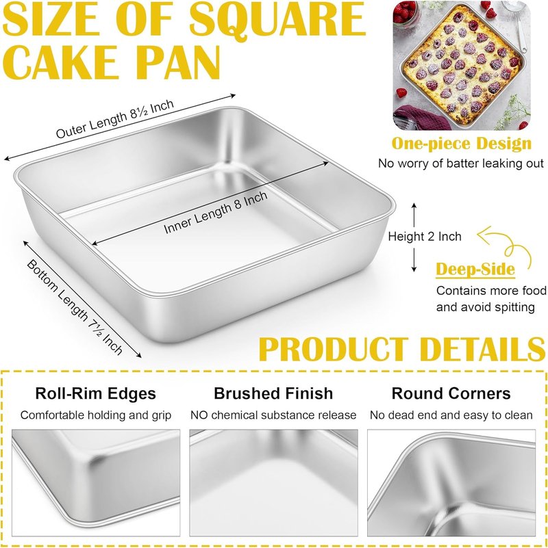 E-far Stainless Steel Square Cake Pans Set of 2 - 8x8 Inch Non-Toxic Bakeware for Lasagna & Brownies