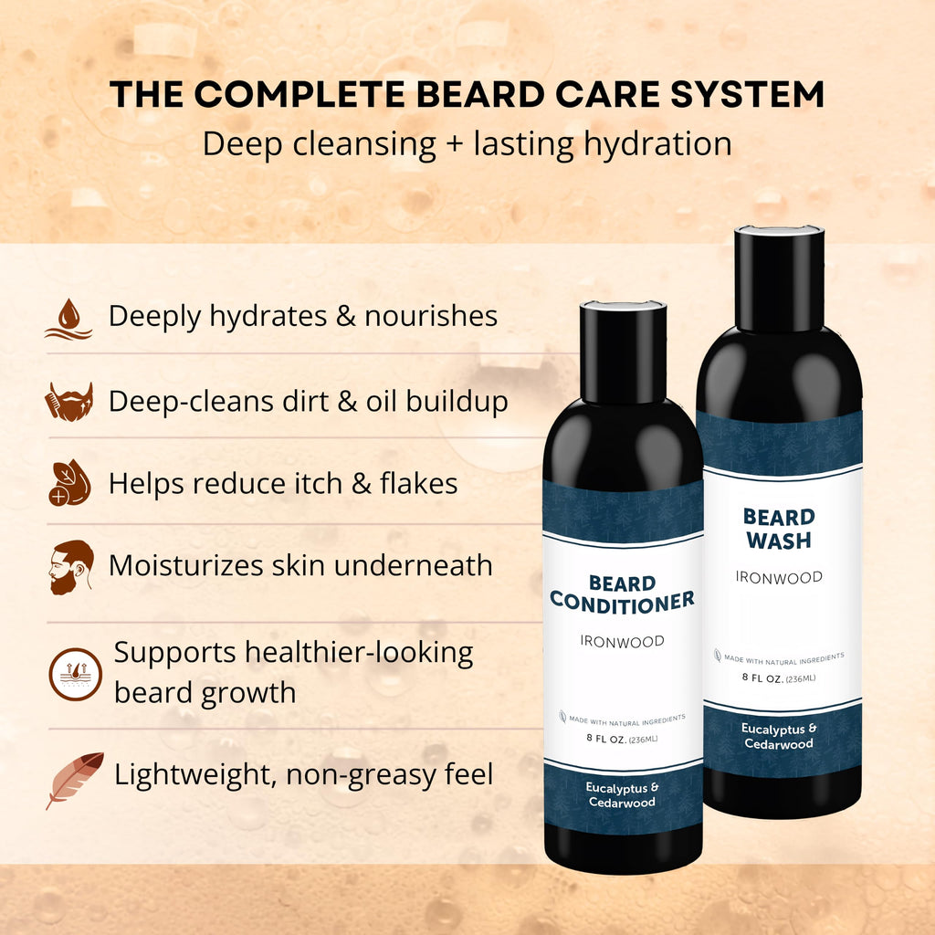 Detroit Grooming Co. Beard Wash & Conditioner Bundle – The Ultimate Beard Kit with Biotin & Argan Oil – Fresh Cherry Tobacco Scent – 8 oz Each (Ironwood)